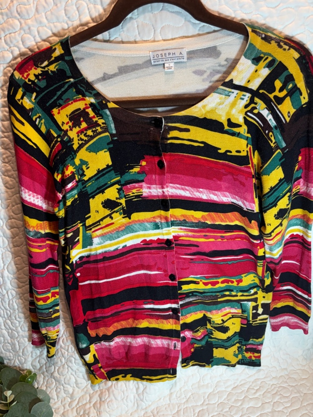 Joseph A Bold Abstract Stripe Cardigan in Pink, Yellow, Green, Black